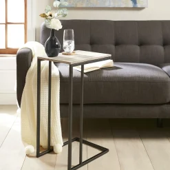 Black Metal C-Table With Rustic Wooden Top Promotion Accent Tables