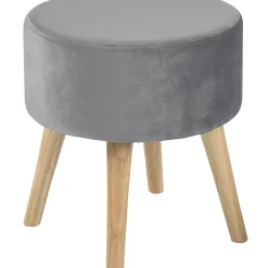 Emmy Grey Velvet Round Wood Leg Ottoman Clearance Ottomans & Poufs