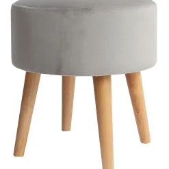 Emmy Grey Velvet Round Wood Leg Ottoman Clearance Ottomans & Poufs