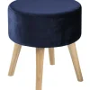 Sale Emmy Navy Velvet Round Wood Leg Ottoman Less Expensive Ottomans & Poufs