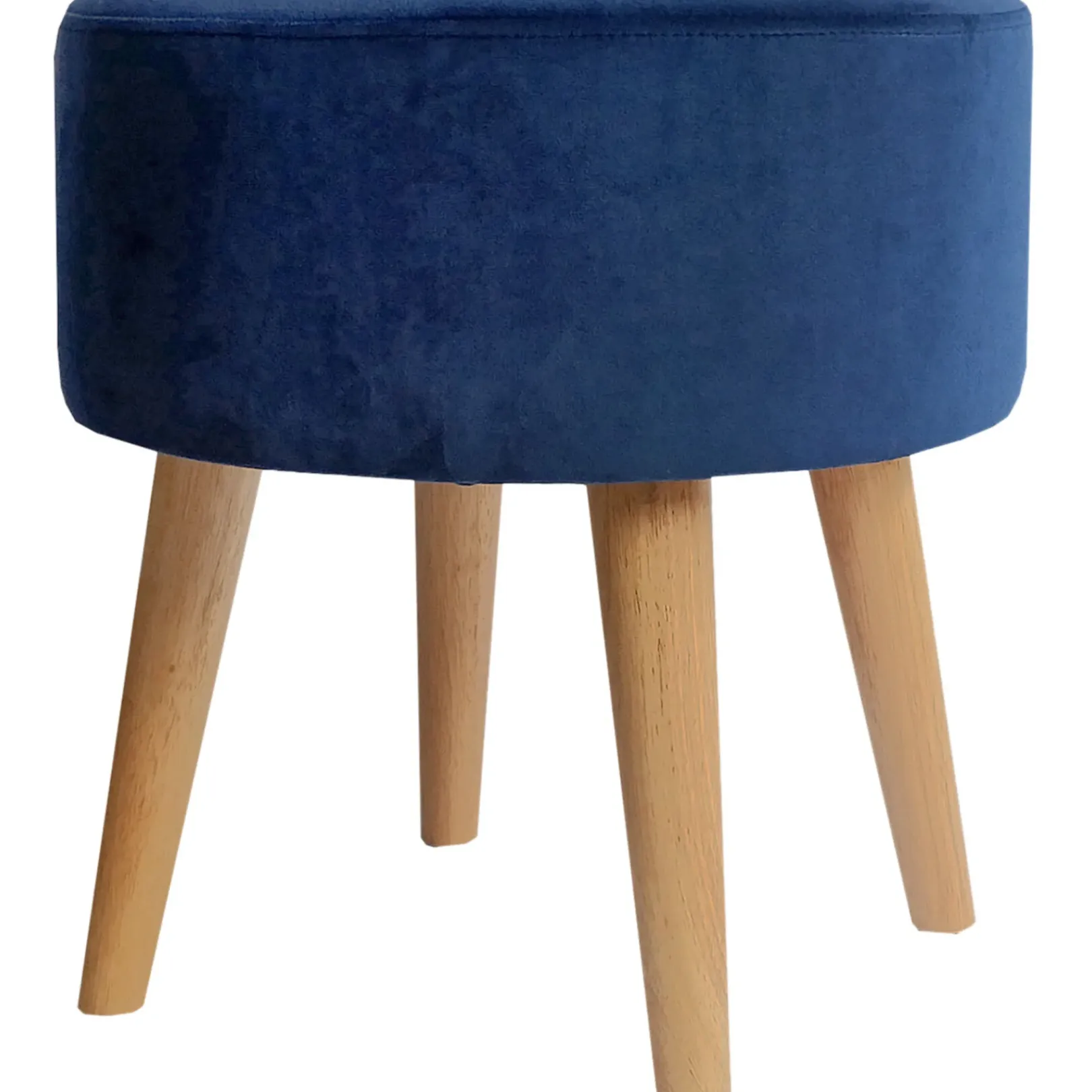 Sale Emmy Navy Velvet Round Wood Leg Ottoman Less Expensive Ottomans & Poufs