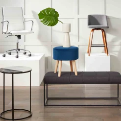 Sale Emmy Navy Velvet Round Wood Leg Ottoman Less Expensive Ottomans & Poufs