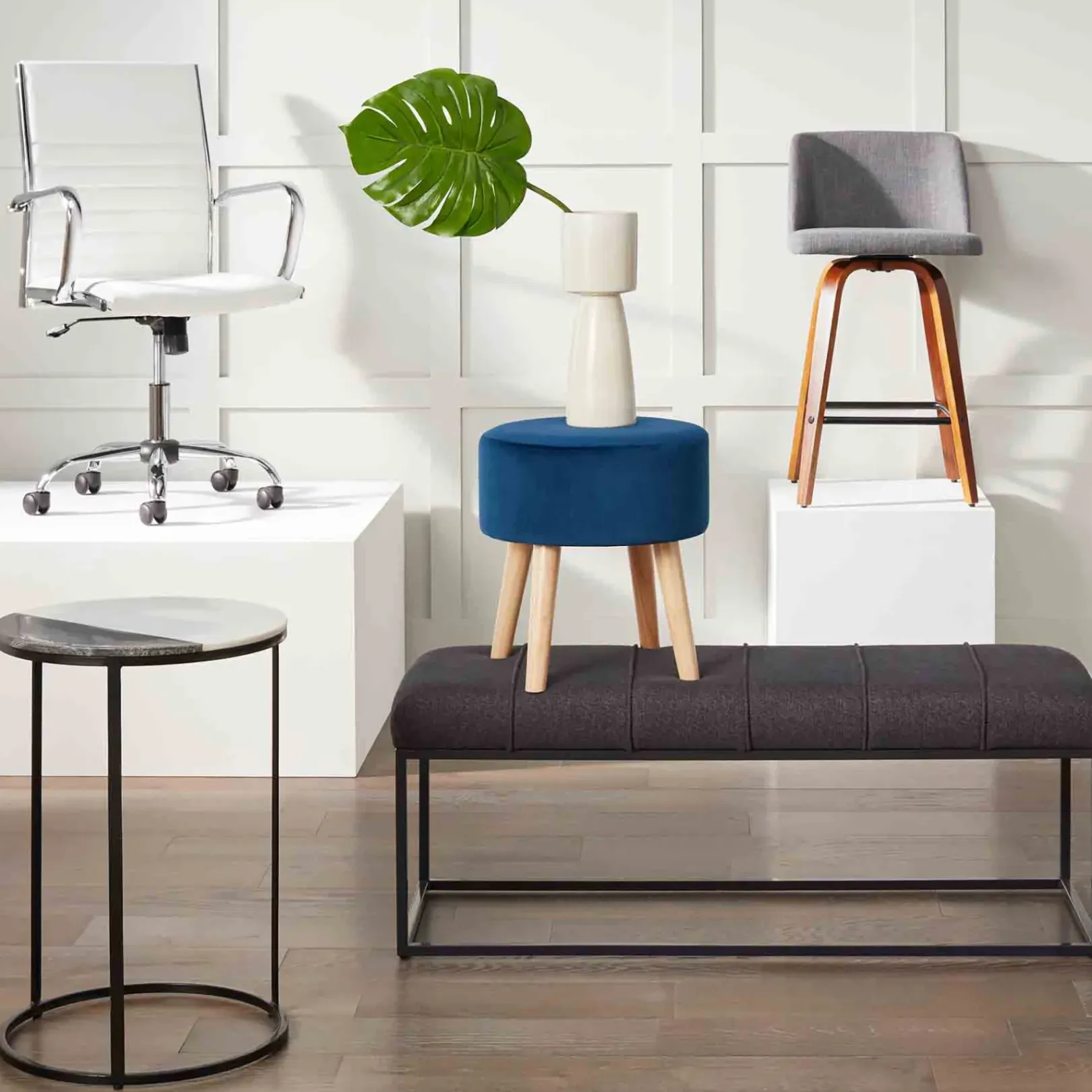 Sale Emmy Navy Velvet Round Wood Leg Ottoman Less Expensive Ottomans & Poufs