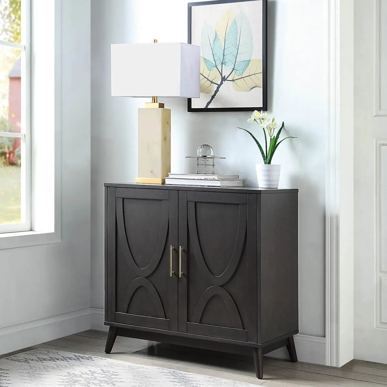 Online Ezra 2-Door Dark Brown Cabinet With Gold Handle Opening Sales Cabinets & Chests