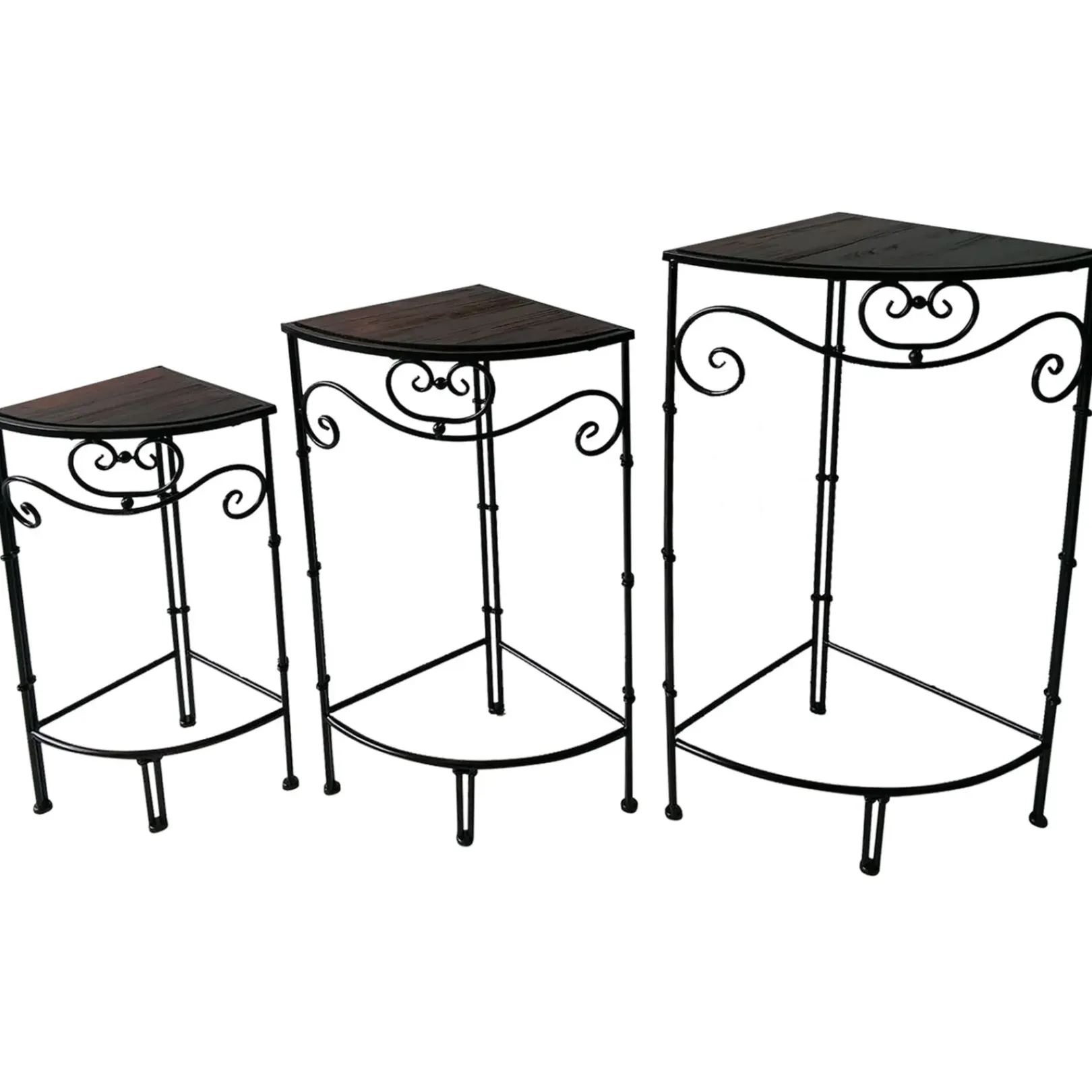 Discount Fan Shaped Wood Top Plant Stand With Bronze Double Tube Metal Leg, Large Opening Sales Plant Stands