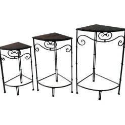 Fan Shaped Wood Top Plant Stand With Bronze Double Tube Metal Leg, Medium Premium Plant Stands