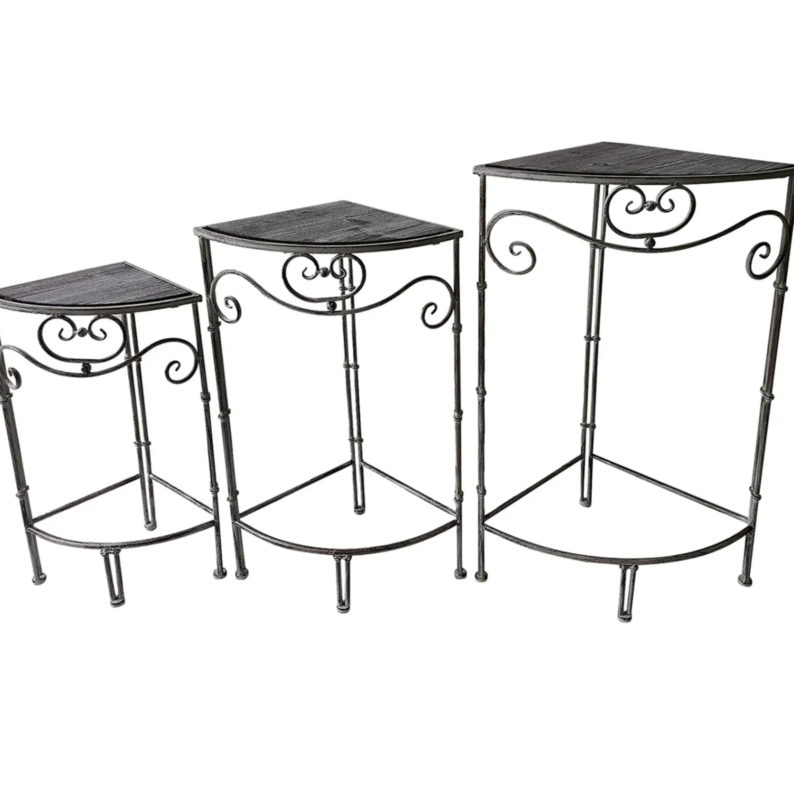 Clearance Fan Shaped Wood Top Plant Stand With Rustic Double Tube Metal Leg, Medium Less Expensive Plant Stands