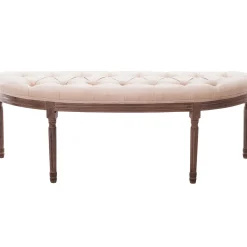 New Lourdes Ivory Linen Tufted Curved Bench W/Distressed Wood Legs Opening Sales Benches