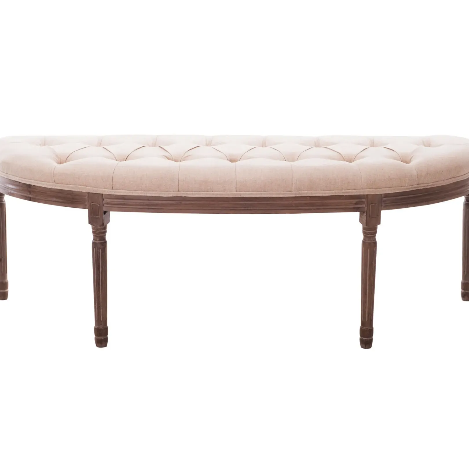 New Lourdes Ivory Linen Tufted Curved Bench W/Distressed Wood Legs Opening Sales Benches