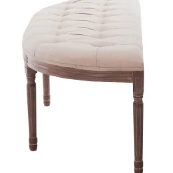 New Lourdes Ivory Linen Tufted Curved Bench W/Distressed Wood Legs Opening Sales Benches