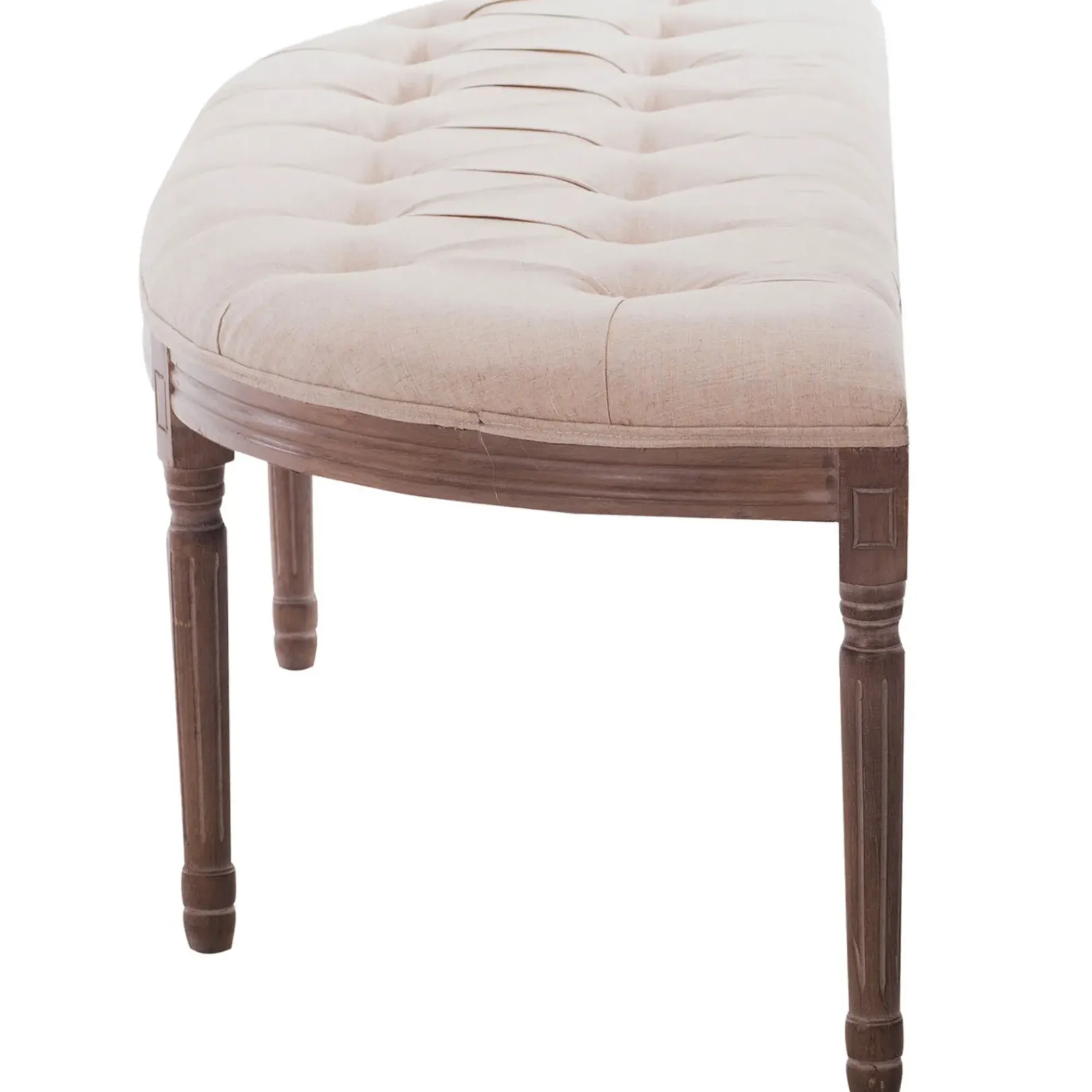 New Lourdes Ivory Linen Tufted Curved Bench W/Distressed Wood Legs Opening Sales Benches
