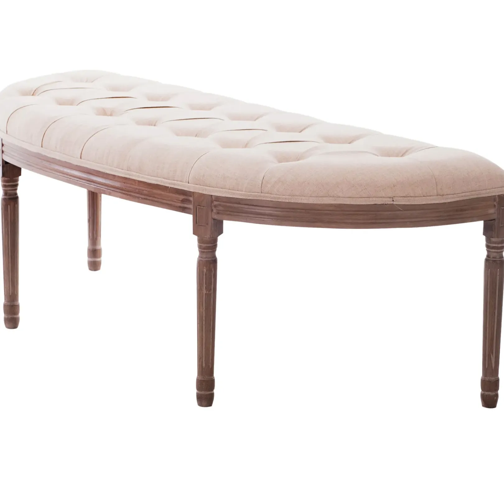New Lourdes Ivory Linen Tufted Curved Bench W/Distressed Wood Legs Opening Sales Benches