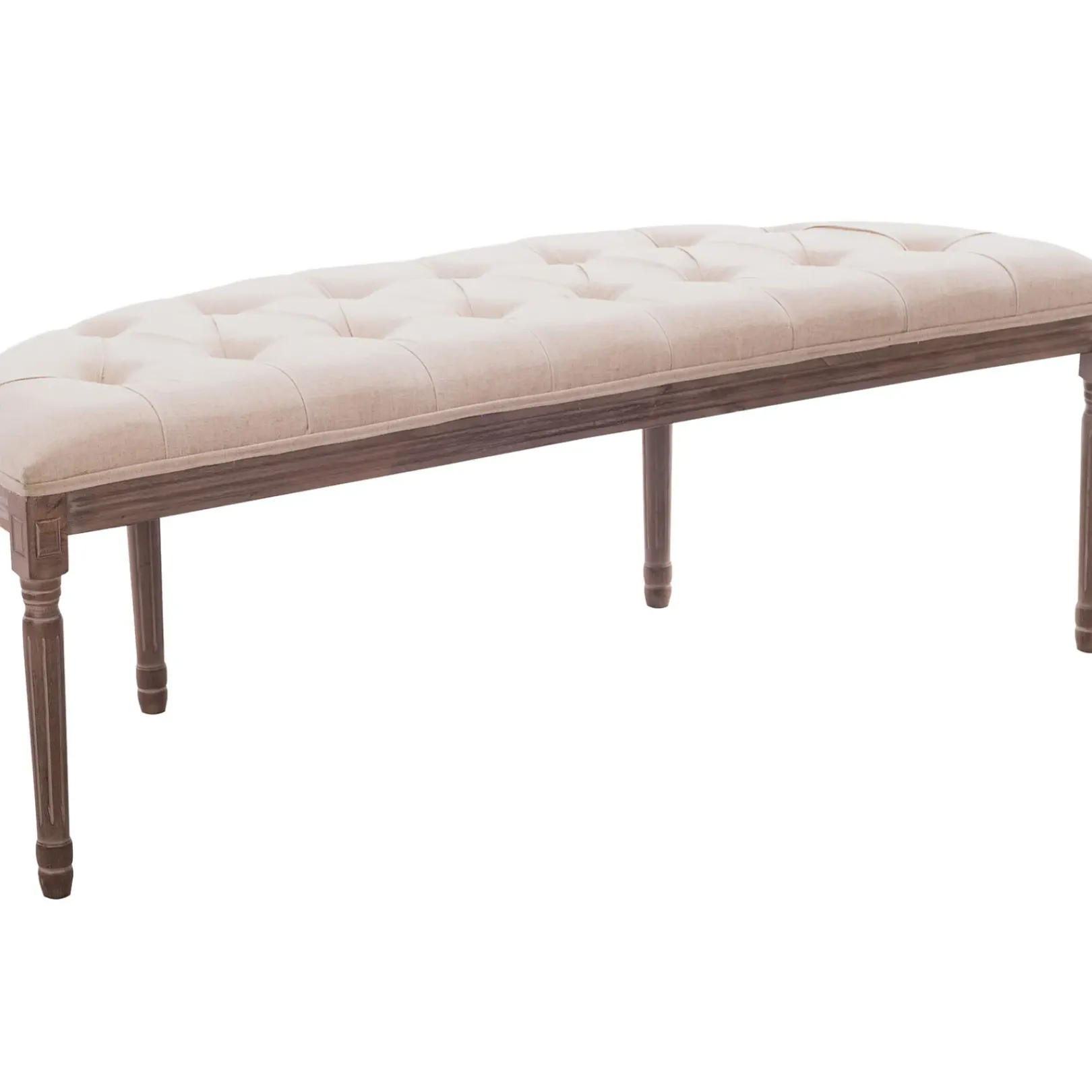 New Lourdes Ivory Linen Tufted Curved Bench W/Distressed Wood Legs Opening Sales Benches