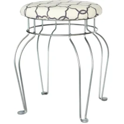 Clearance Quatrefoil Silver Wire Vanity Stool/Ivory Printed Fabric Seat Opening Sales Stools & Benches