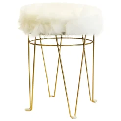Online Rion White Faux Fur & Gold Vanity Stool Bargain Sale Stools & Benches
