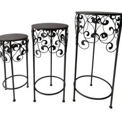 New Round Wood Top With Scroll Metal Plant Stand, Medium Featured Plant Stands