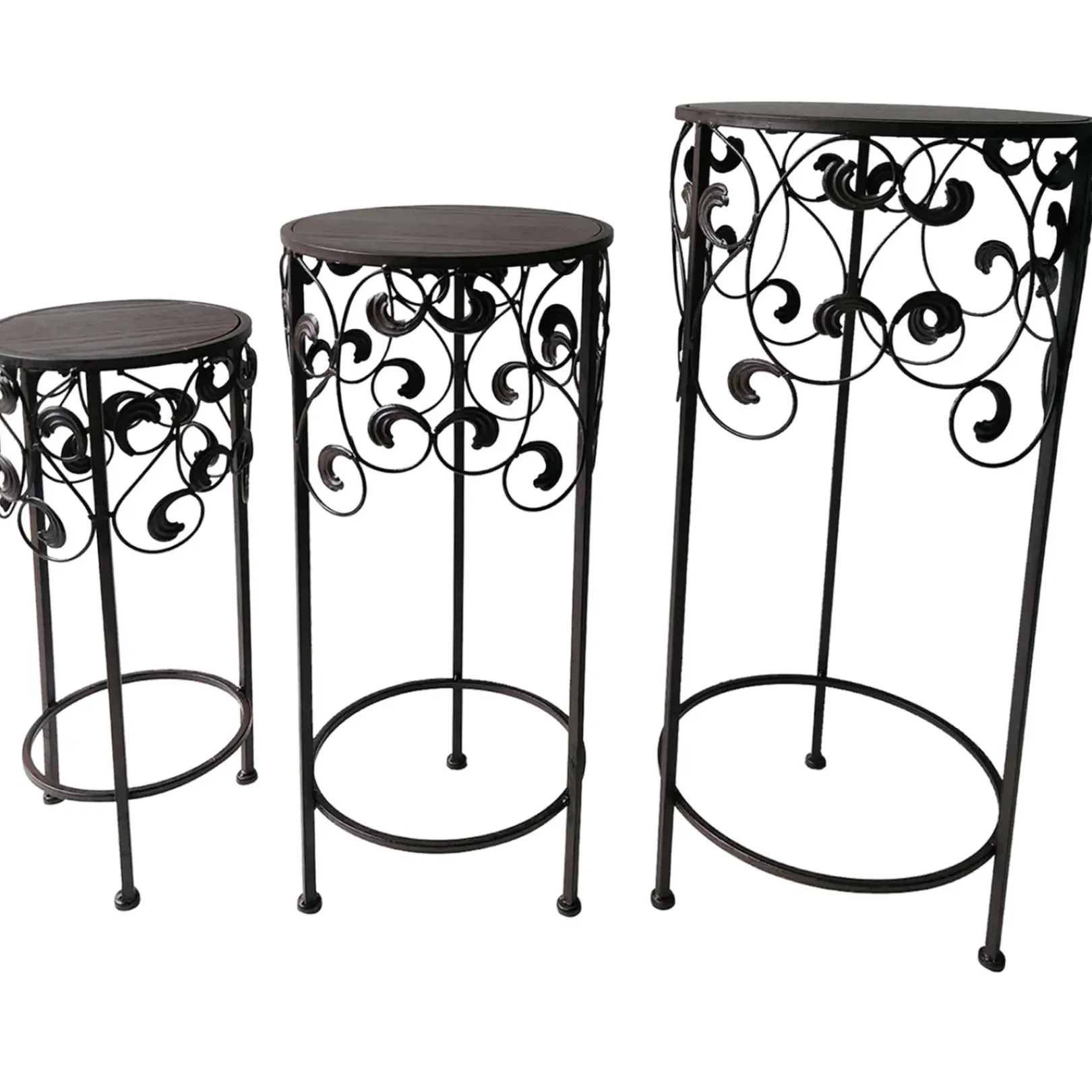 New Round Wood Top With Scroll Metal Plant Stand, Medium Featured Plant Stands