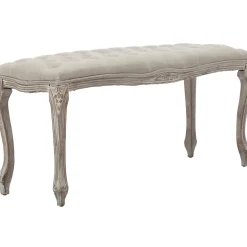 Best Simone Grey Linen Tufted Bench With Carved Reclaimed Wood Legs Outlet Benches