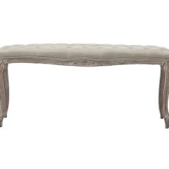 Best Simone Grey Linen Tufted Bench With Carved Reclaimed Wood Legs Outlet Benches