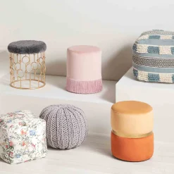 Clearance Velvet Blush Round Ottoman With Fringe Featured Ottomans & Poufs